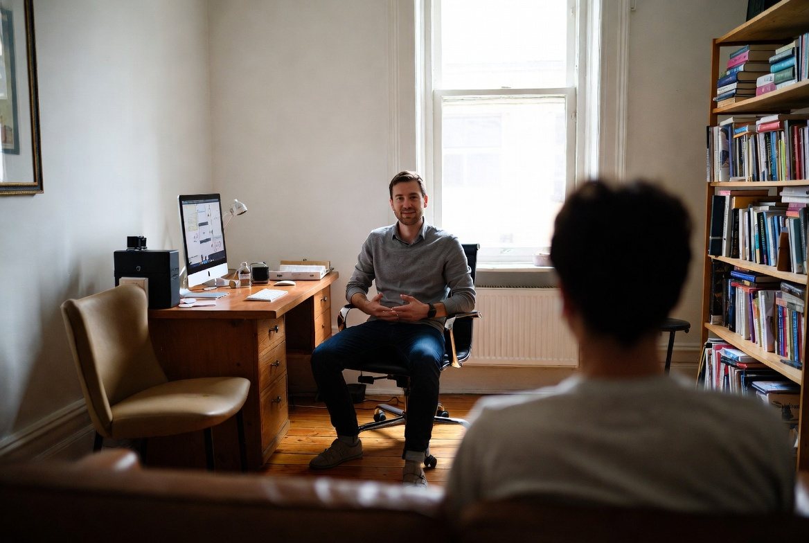 A one-on-one session in a book-lined consulting room