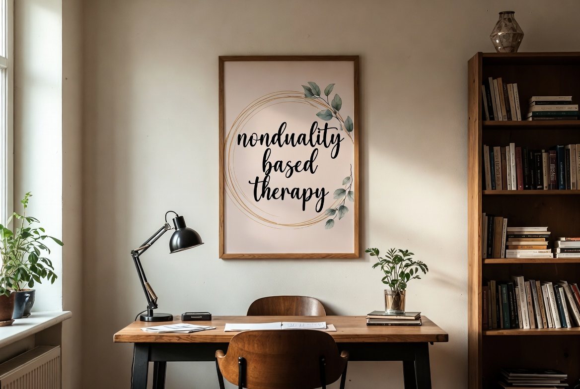 A framed nonduality-based therapy print in a book-lined study